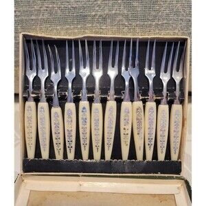 Vintage Japanese Mini Cocktail Forks Set of 12 Mid Century Modern Flatware Boxed